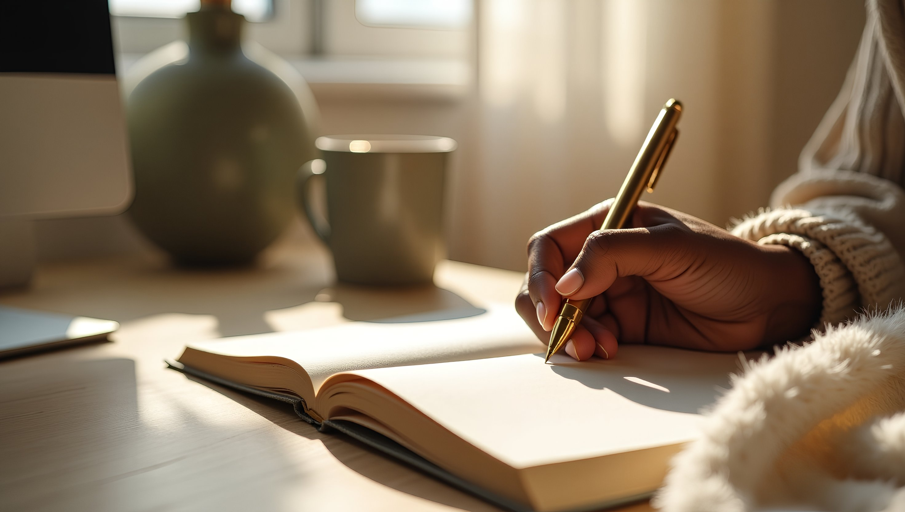 Person writing in a notebook with a pen on a table, surrounded by soft lighting.